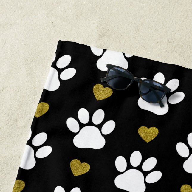 Pattern Of Paws, Dog Paws, White Paws, Gold Hearts Beach Towel (In Situ)