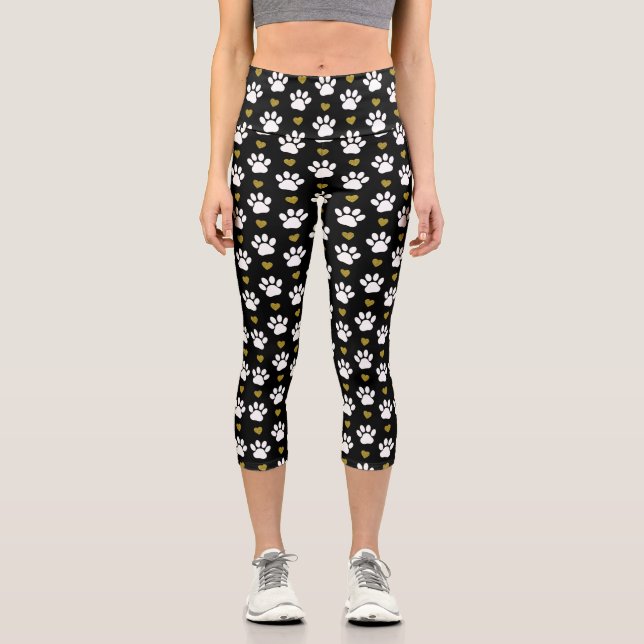 Pattern Of Paws, Dog Paws, White Paws, Gold Hearts Capri Leggings (Front)