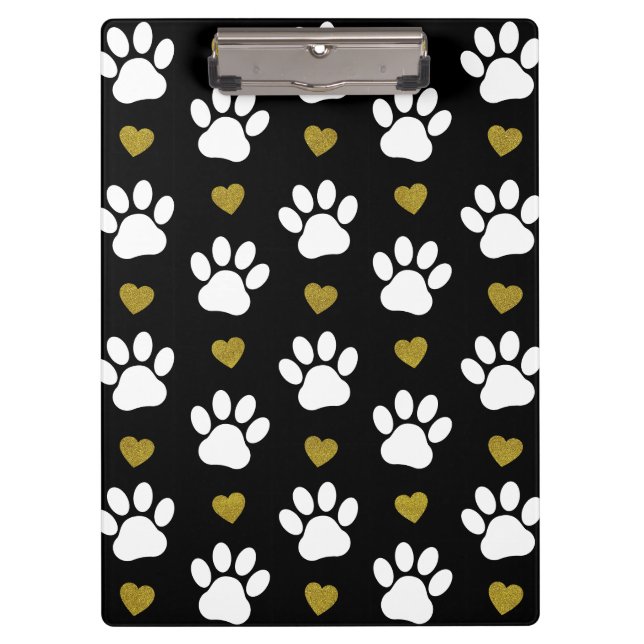 Pattern Of Paws, Dog Paws, White Paws, Gold Hearts Clipboard (Front)