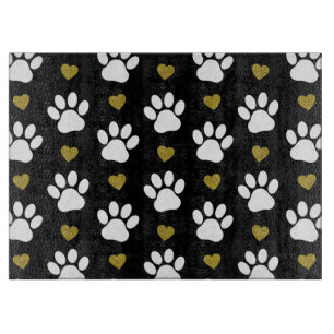 Pattern Of Paws, Dog Paws, White Paws, Gold Hearts Cutting Board