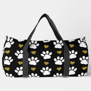 Pattern Of Paws, Dog Paws, White Paws, Gold Hearts Duffle Bag