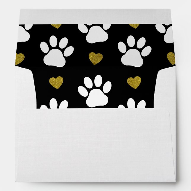 Pattern Of Paws, Dog Paws, White Paws, Gold Hearts Envelope (Back (Bottom))