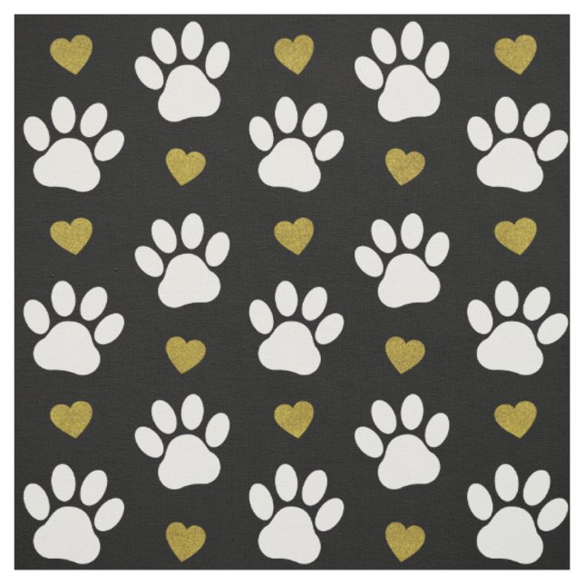 Pattern Of Paws, Dog Paws, White Paws, Gold Hearts Fabric (Swatch)