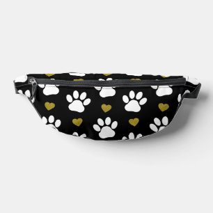 Pattern Of Paws, Dog Paws, White Paws, Gold Hearts Fanny Pack
