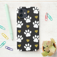 Pattern Of Paws, Dog Paws, White Paws, Gold Hearts