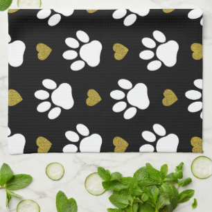 Pattern Of Paws, Dog Paws, White Paws, Gold Hearts Kitchen Towel