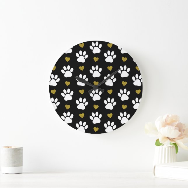 Pattern Of Paws, Dog Paws, White Paws, Gold Hearts Large Clock (Home)