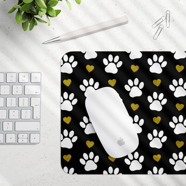 Pattern Of Paws, Dog Paws, White Paws, Gold Hearts Mouse Pad (Creator Uploaded)