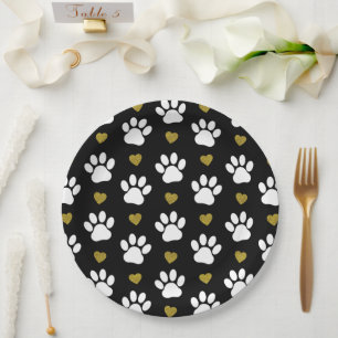 Pattern Of Paws, Dog Paws, White Paws, Gold Hearts Paper Plate