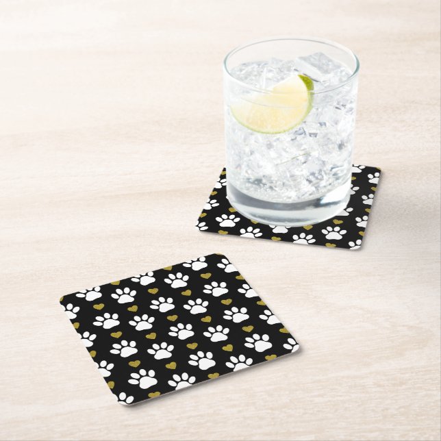 Pattern Of Paws, Dog Paws, White Paws, Gold Hearts Square Paper Coaster (Insitu)