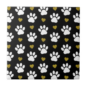 Pattern Of Paws, Dog Paws, White Paws, Gold Hearts Tile