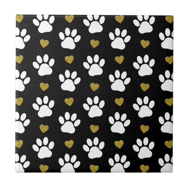 Pattern Of Paws, Dog Paws, White Paws, Gold Hearts Tile (Front)