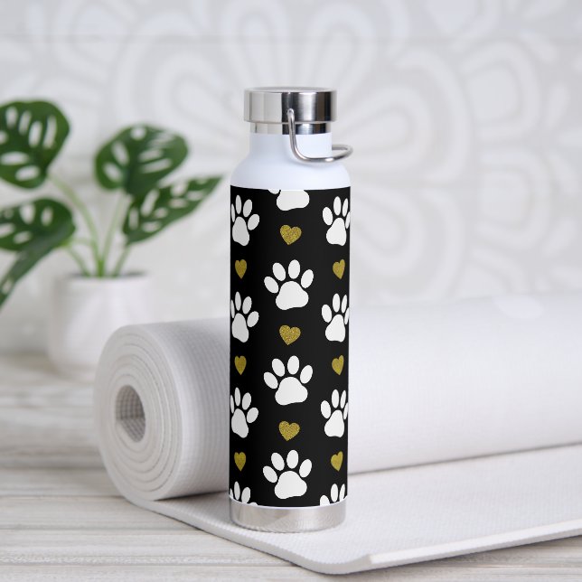 Pattern Of Paws, Dog Paws, White Paws, Gold Hearts Water Bottle (Yoga)