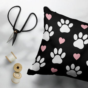 Pattern Of Paws, Dog Paws, White Paws, Pink Hearts Accent Pillow