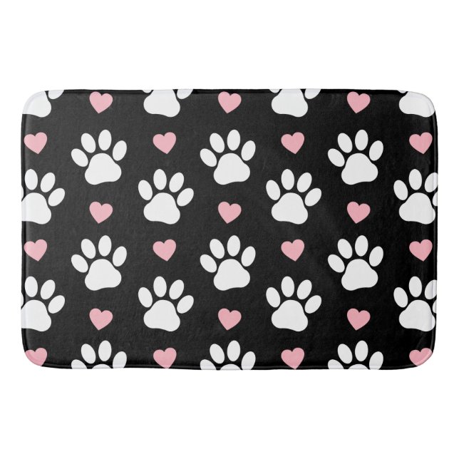 Pattern Of Paws, Dog Paws, White Paws, Pink Hearts Bath Mat (Front)