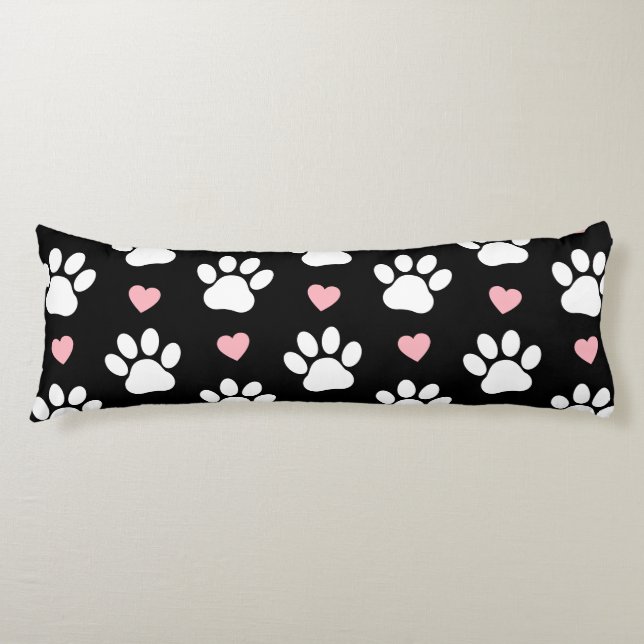 Pattern Of Paws, Dog Paws, White Paws, Pink Hearts Body Pillow (Front)