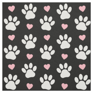 Pattern Of Paws, Dog Paws, White Paws, Pink Hearts Fabric