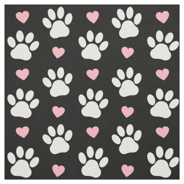 Pattern Of Paws, Dog Paws, White Paws, Pink Hearts Fabric (Swatch)