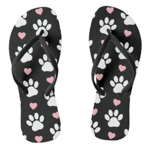 Pattern Of Paws, Dog Paws, White Paws, Pink Hearts Flip Flops