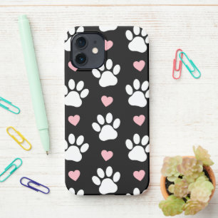 Pattern Of Paws, Dog Paws, White Paws, Pink Hearts iPhone 12 Case