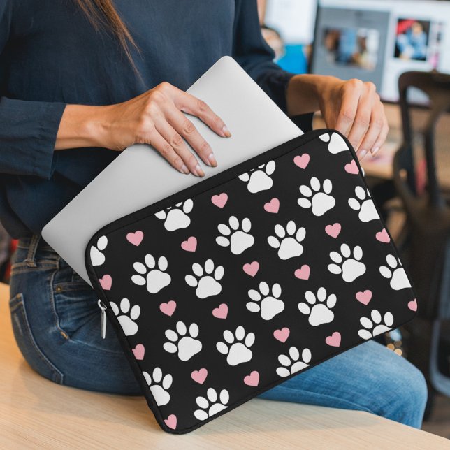 Pattern Of Paws, Dog Paws, White Paws, Pink Hearts Laptop Sleeve (Creator Uploaded)