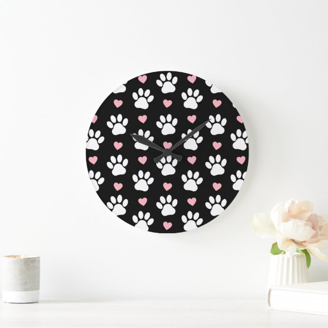 Pattern Of Paws, Dog Paws, White Paws, Pink Hearts Large Clock (Home)