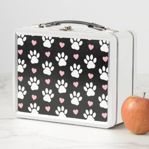 Pattern Of Paws, Dog Paws, White Paws, Pink Hearts Metal Lunch Box