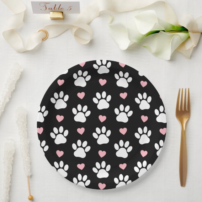 Pattern Of Paws, Dog Paws, White Paws, Pink Hearts Paper Plate (Wedding)