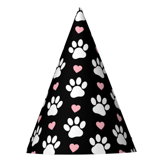 Pattern Of Paws, Dog Paws, White Paws, Pink Hearts Party Hat (Front)