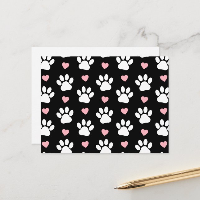 Pattern Of Paws, Dog Paws, White Paws, Pink Hearts Postcard (Front/Back In Situ)