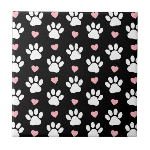 Pattern Of Paws, Dog Paws, White Paws, Pink Hearts Tile