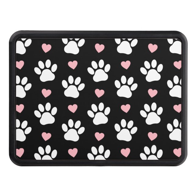 Pattern Of Paws, Dog Paws, White Paws, Pink Hearts Trailer Hitch Cover (Front)