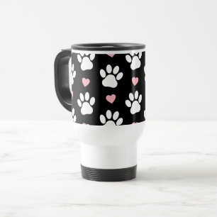 Pattern Of Paws, Dog Paws, White Paws, Pink Hearts Travel Mug