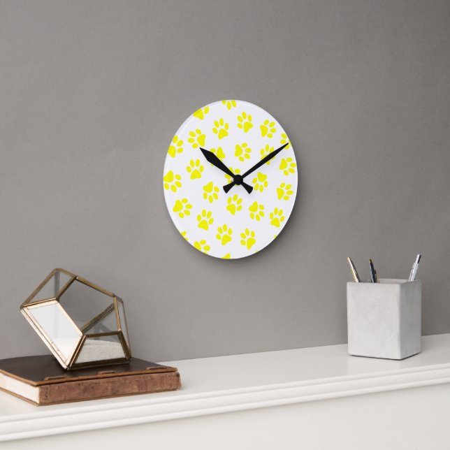 Pattern Of Paws, Dog Paws, Yellow Paws Round Clock (Office)