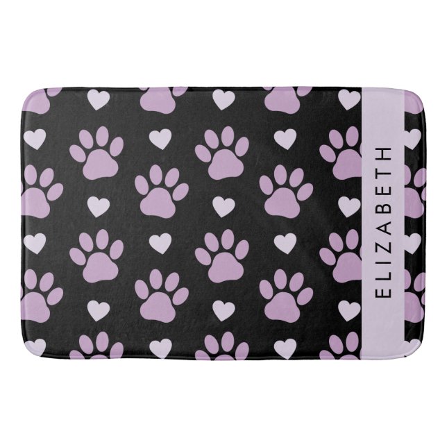 Pattern Of Paws, Lilac Paws, Hearts, Your Name Bath Mat (Front)