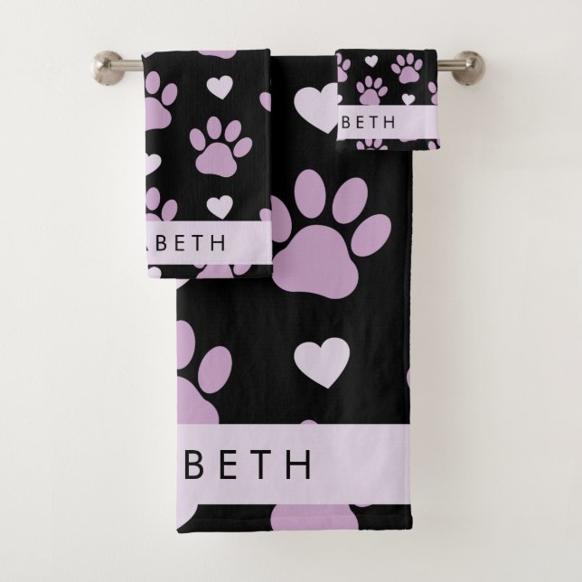 Pattern Of Paws, Lilac Paws, Hearts, Your Name Bath Towel Set (Insitu)