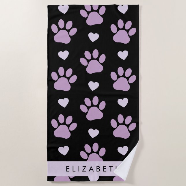 Pattern Of Paws, Lilac Paws, Hearts, Your Name Beach Towel (Front)