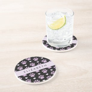 Pattern Of Paws, Lilac Paws, Hearts, Your Name Coaster