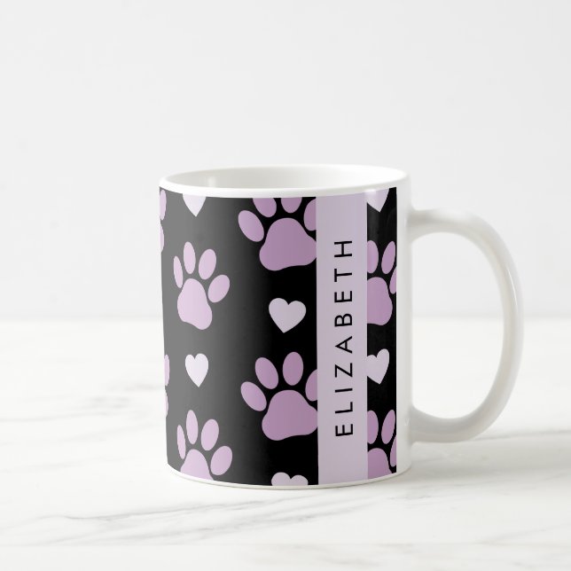 Pattern Of Paws, Lilac Paws, Hearts, Your Name Coffee Mug (Right)