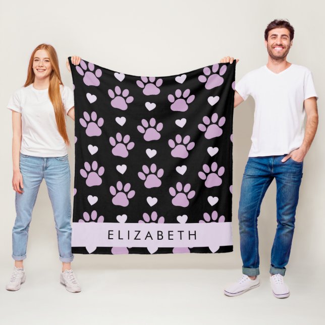 Pattern Of Paws, Lilac Paws, Hearts, Your Name Fleece Blanket (In Situ)