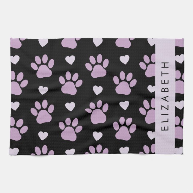 Pattern Of Paws, Lilac Paws, Hearts, Your Name Kitchen Towel (Horizontal)