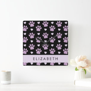 Pattern Of Paws, Lilac Paws, Hearts, Your Name Square Wall Clock