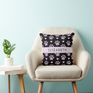 Pattern Of Paws, Lilac Paws, Hearts, Your Name Throw Pillow