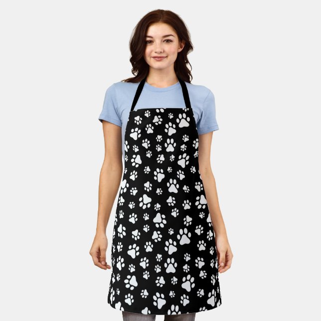 Pattern Of Paws, Paw Prints, Black and White Apron (Worn)
