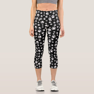 Pattern Of Paws, Paw Prints, Black and White Capri Leggings