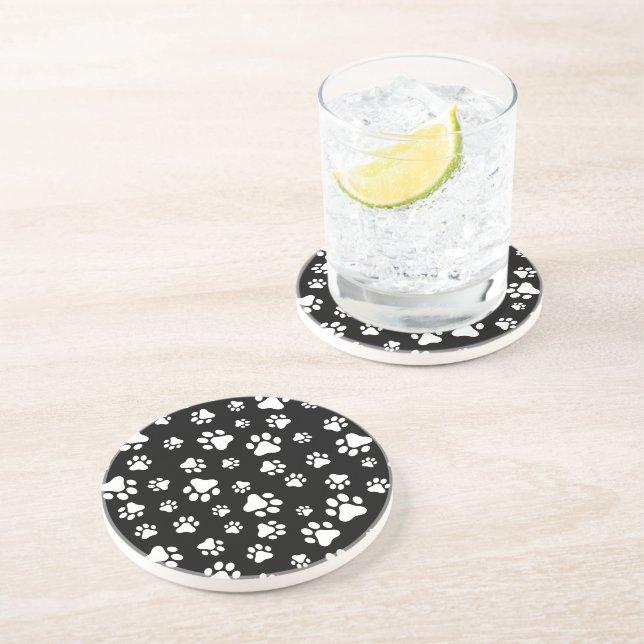 Pattern Of Paws, Paw Prints, Black and White Coaster (Side)