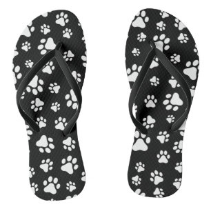 Pattern Of Paws, Paw Prints, Black and White Flip Flops