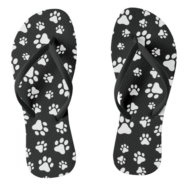 Pattern Of Paws, Paw Prints, Black and White Flip Flops (Footbed)
