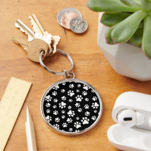 Pattern Of Paws, Paw Prints, Black and White Keychain