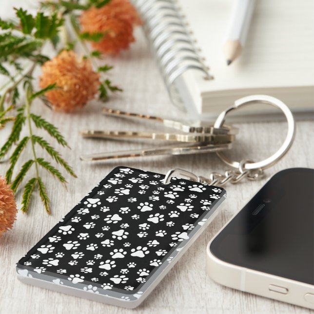 Pattern Of Paws, Paw Prints, Black and White Keychain (Front Right)